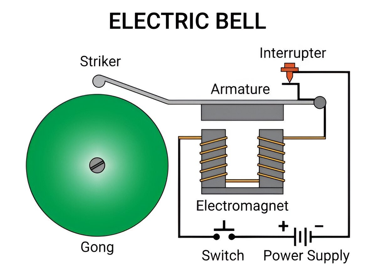 Magnetic effect of electric current class 10 notes 6 Working diagram of electric bell with electromagnet